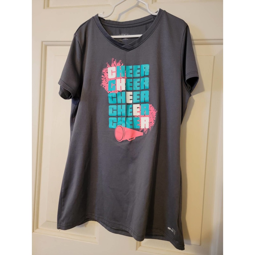 BCG*Girls XL (16)*Cheer Short Sleeve Lycra Shirt*EUC*Dark Gray/Pink/Teal
